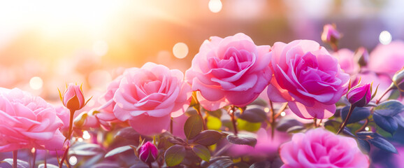 Delicate pink purple roses in the form of a wide long background in the sun. with bokeh. Ai generation