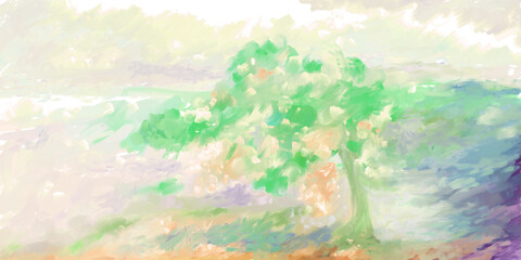 Obraz na płótnie Canvas Impressionistic Light & Uplifting Summer Trees on the Hillside - Digital Painting/Illustration/Art/Artwork Background or Backdrop, or Wallpaper