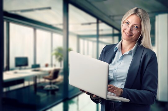 Portrait of young smart business woman hold laptop, AI generated image