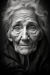 Fototapeta na wymiar Old woman face. Black and white photo. Generative AI