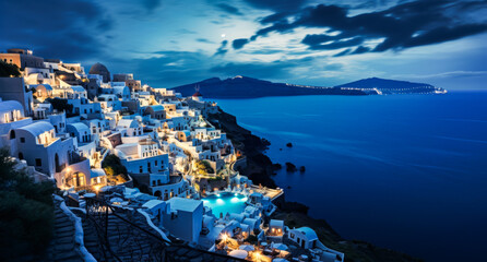 Naklejka premium Beautiful panoramic landscape of the island, luxury resort, sea view with white architecture. Famous tourist destination, amazing scenery. Ai generation