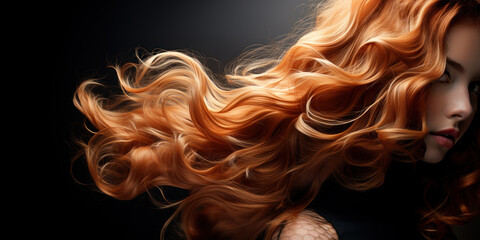 Beautiful girl with long red hair on dark background. Glossy wavy beautiful hair - obrazy, fototapety, plakaty