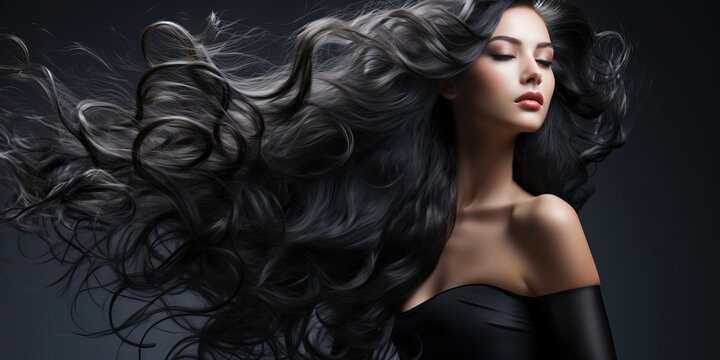 Young woman with healthy long black hair. Glossy wavy beautiful hair