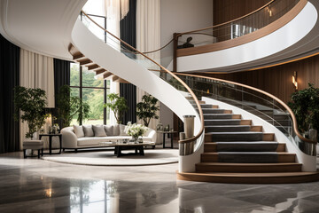 Interior design of modern entrance hall with staircase in villa made with AI generative technology