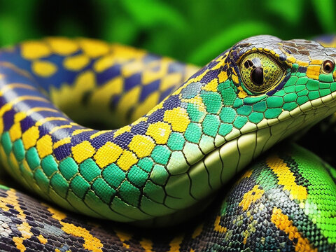 Green tropical snake. AI generated image