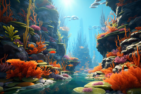 Underwater world with corals turtle fishes ocean inside. coral reef, blue tortoise, dept, lagoon aquatic world, coral formations animals marine life, aquatic creatures, water characters sea immensity,
