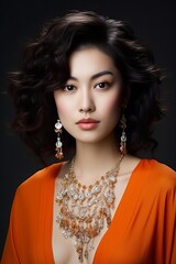 Asian beautiful Woman with orange eyeshadow in studio