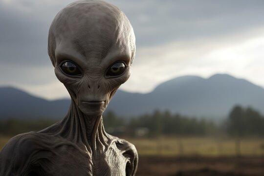 Alien in a field looking into the camera - Generative AI