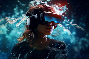 A woman wearing virtual reality glasses, metaverse content with ai generated image