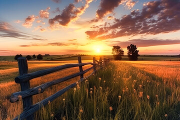 Rural fence in the sunset light. Colorful and fabulous light. Ai generation