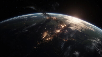Cinematic Satellites Circle the Earth Dynamic Lighting. Generative AI.