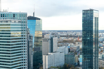 Fototapeta na wymiar Skyline of the city center with modern business glass towers and hotels, Warsaw, Poland