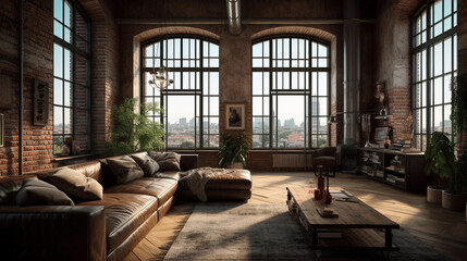 Modern office interior in loft, industrial style, 3d render, Generative AI