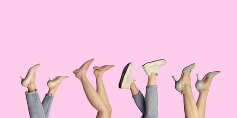 Female legs in stylish shoes isolated in a light pink background with copy space for text. Seasonal...