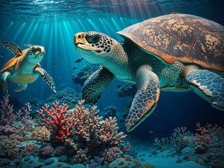 Naklejka na ściany i meble Underwater Photograph of a Coral Reef and a big Sea Turtle - AI Generative