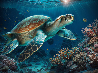 Obraz premium Underwater Photograph of a Coral Reef and a big Sea Turtle - AI Generative