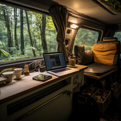 The Concept of Workation and Remote Work in a Cozy Camp. Generative AI.