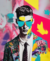 Pop collage Illustration of a handsome male fashion model with sunglasses over scolorful and...