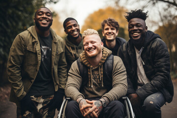 Multi ethnic group having fun in a public park Amputee man hangs out with his friends outdoor Friendship and diversity concept made with AI generative technology