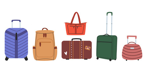 Vector set of suitcases. Luggage on wheels for traveling. Modern suitcases with handle. Bags for vacation. Flat vector illustration isolated on white background.