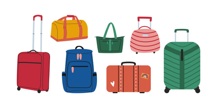 Vector set of suitcases. Luggage on wheels for traveling. Modern suitcases with handle. Backpack for traveler. Vacation bags. Flat vector illustration isolated on white background.