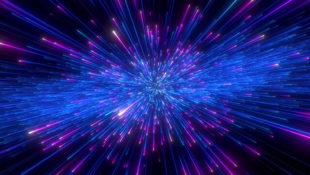 Abstract background in blue and purple neon glow colors. Speed of light in galaxy. Explosion in universe. Space background for event, party, carnival, celebration, anniversary or other. 3D rendering.