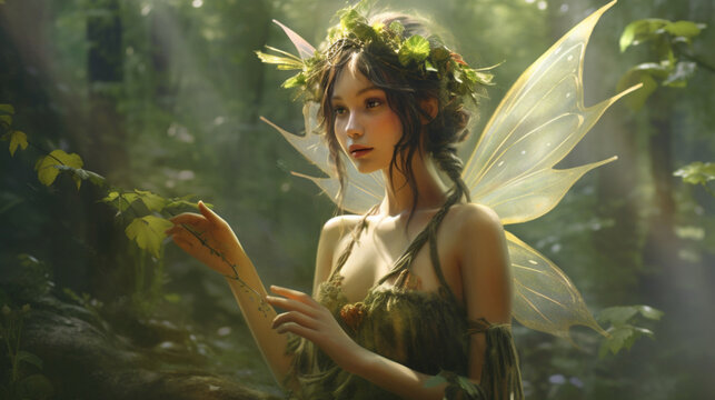 Forest fairy with butterfly wings in a fairy tale forest. Portrait of a woman in a fairy outfit. Dreamy fairy tale  fairy.  .