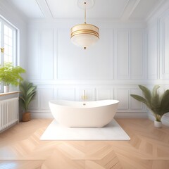 Fototapeta na wymiar Modern bathroom interior with white bathtub and chic vanity, white walls, parquet floor
