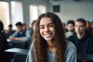Smiling female high school student sitting at her school classroom