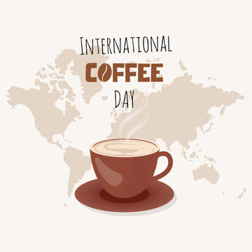 Concept of celebrating International Coffee Day. Coffee cup with a world map in the background.