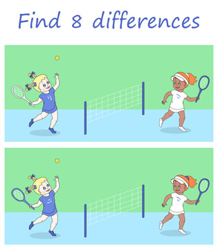 Logic puzzle game. Find 8 differences in sports pictures with two girls playing tennis. Vector illustration for children's development.