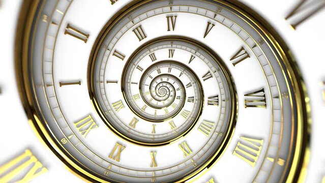 Abstract modern white spiral clock dial with golden roman and arabic numerals. Concept of Infinite time, deadline, scheduling, time and space, past, present and future. Seamless loop.