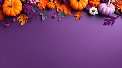 3D style pumpkins and autumn fruits on purple background - obrazy, fototapety, plakaty