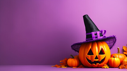 3D style Halloween pumpkin ghost on purple background - obrazy, fototapety, plakaty