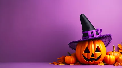 Fotobehang 3D style Halloween pumpkin ghost on purple background © Doraway