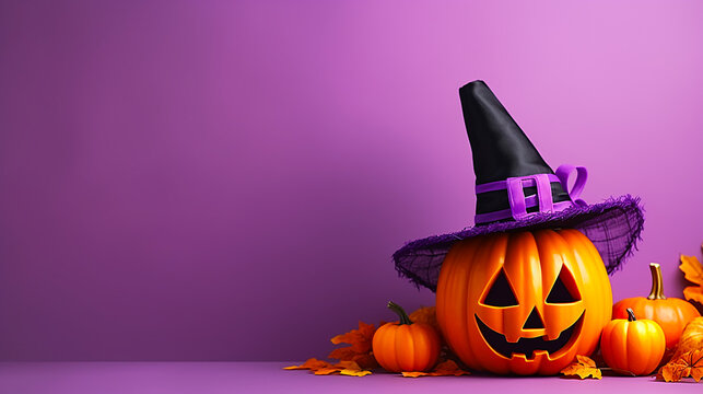 3D style Halloween pumpkin ghost on purple background