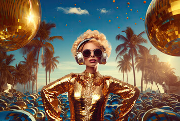 Young girl wearing golden outfit and amazing sunglasses. Summer sunset beach disco party