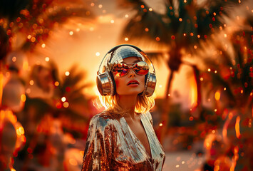 Obraz na płótnie Canvas Young girl wearing big headphones and amazing sunglasses. Summer sunset beach disco party