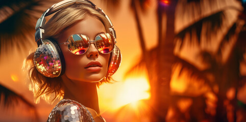 Summer sunset beach disco party. Fashionable girl wearing big headphones and trendy sunglasses