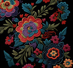 Mexican floral embroidery and black background. Generative AI