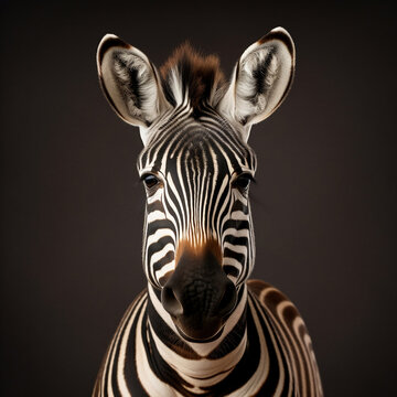 Zebra head close-up on a dark background. Zebra Grevy (Equus grevyi) close-upAfrican wild animal. Generative AI