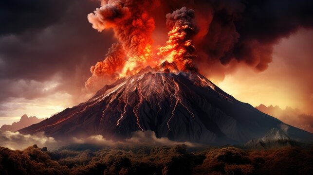 A majestic volcano stands tall against the horizon, billowing smoke and lava. Generative AI