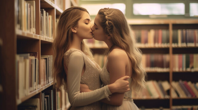 White woman. Two young beautiful female students are kissing in school library. Unisexual love. Lesbian studies. Academic year. Learning process. Book. Concept of reading, friendship, sex education