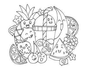 Summer Cartoon Doodle Funny Cute Fruits and Berries. Food Set. Happy Kawaii Fruits. Sketch vector illustration 
