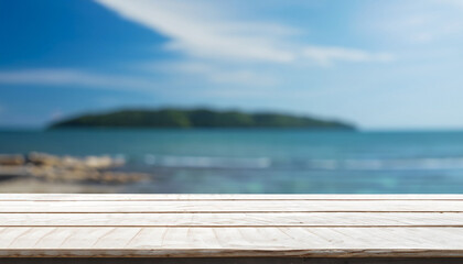 Naklejka na ściany i meble White wood table top on blur sea background