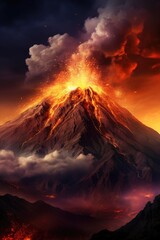 A majestic volcano stands tall against the horizon, billowing smoke and lava. Generative AI