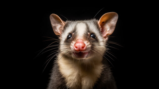 Studio portrait of a smiling possum on a black background. Wild exotic animal on a horizontal banner. Generative AI