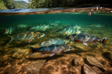Fototapeta na wymiar Group of fish going in stream of clear water river with pebble bottom