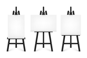 Realistic paint desk with blank white canvas. Black wooden easel and a sheet of drawing paper. Presentation board on a tripod. Artwork mockup, template. Vector illustration