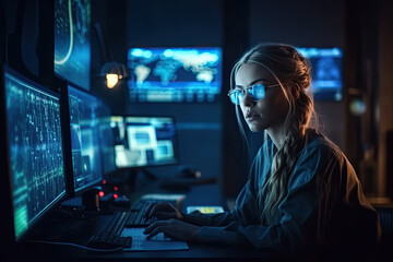 Obraz na płótnie Canvas Within a high-tech command center of the future, an assured female spy orchestrates her operations using glowing monitors, sensors, maps, and remote control devices.